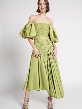 Ina Lime Green Off-Shoulder Smocked Midi Skirt Set